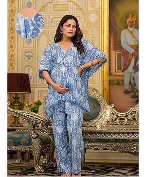 Aujjessa Cotton Batwing Sleeves Floral Printed & Lace Embellished Maternity Feeding Night Suit with Concealed Zipper Nursing Access  Light Blue