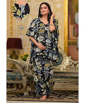 Aujjessa Cotton Batwing Sleeves Floral Printed & Lace Embellished Maternity Feeding Night Suit with Concealed Zipper Nursing Access  Black