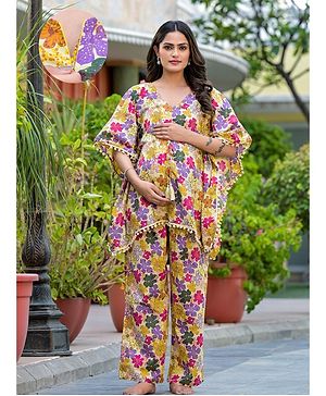 Aujjessa Cotton Batwing Sleeves Floral Printed & Lace Embellished Maternity Feeding Night Suit with Concealed Zipper Nursing Access  Lemon Multi