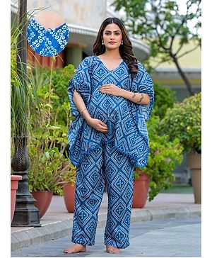 Aujjessa Cotton Batwing Sleeves Ethnic Printed & Lace Embellished Maternity Feeding Night Suit with Concealed Zipper Nursing Access  Royal Blue