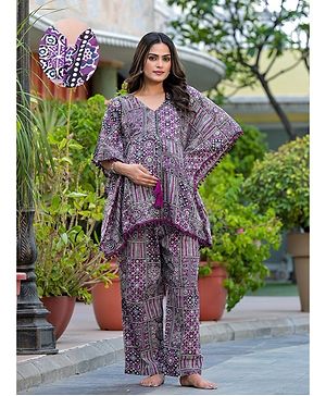 Aujjessa Cotton Batwing Sleeves Ethnic Printed & Lace Embellished Maternity Feeding Night Suit with Concealed Zipper Nursing Access  Purple