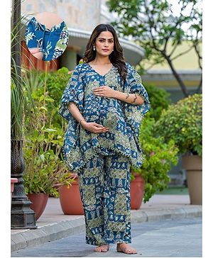 Aujjessa Cotton Batwing Sleeves Ethnic Printed & Lace Embellished Maternity Feeding Night Suit with Concealed Zipper Nursing Access  Blue Green