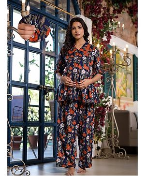 Aujjessa Cotton Three Fourth Sleeves Floral Printed & Lace Embellished Maternity Feeding Night Suit with Concealed Zipper Nursing Access  Navy Blue Red