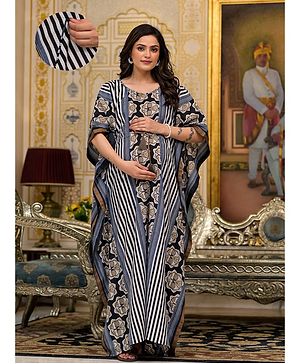 Aujjessa Cotton Batwing Sleeves Striped & Ethnic Motifs Printed Maternity Kaftan with Concealed Zipper Nursing Access  Black Brown