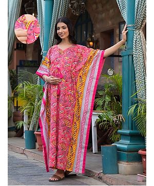 Aujjessa Cotton Batwing Sleeves Floral Printed Maternity Kaftan With Concealed Zipper Nursing Access - Peach & Multi Colour