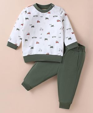 Zero Cotton Knit Full Sleeves Winter Wear T-Shirt & Joggers Set with Car Print -  Off White & Green