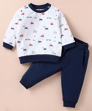 Zero Cotton Knit Full Sleeves Winter Wear T-Shirt & Joggers Set with Car Print -  Off White & Navy Blue