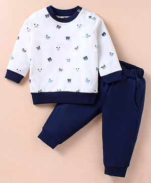 Zero Cotton Knit Full Sleeves Winter Wear T-Shirt & Lounge Pant Set Animal Print -  Off White & Navy