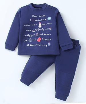 Zero Interlock Knit Full Sleeves T-Shirt & Jogger Set with Text Print - Navy Blue