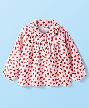 Babyhug Rayon Woven Full Sleeves Top With Floral Print & Peter Pan Collar - White & Red