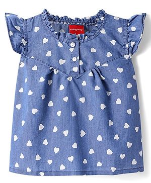 Babyhug Woven Frill Sleeves Top With Heart Print & Frill Detailing - Blue
