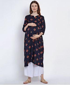 Mine4Nine Three Fourth Sleeves Floral Printed Maternity Kurta With Concealed Zipper Nursing Access - Navy Blue