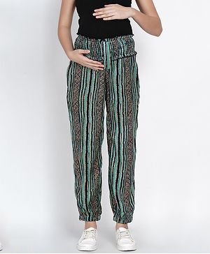 Mine4Nine Abstract Printed & Striped Maternity Trousers - Green