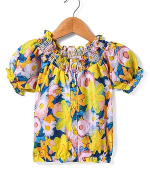 Babyhug Rayon Woven Half Puffed Sleeves Top Floral Print - Yellow