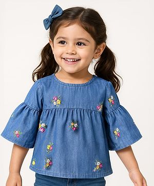 Babyhug Denim Bell Sleeves Cropped Top with Floral Embroidery - Navy Blue