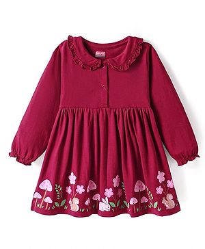 Babyhug Single Jersey Knit Full Sleeves Frock With Floral Print & Peter Pan Collar - Maroon