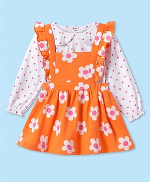 Babyhug Terry Knit Full Sleeves Peter Pan Collar T-Shirt & Frock with Polka Dots Floral Print & Frill Detailing - Orange & White