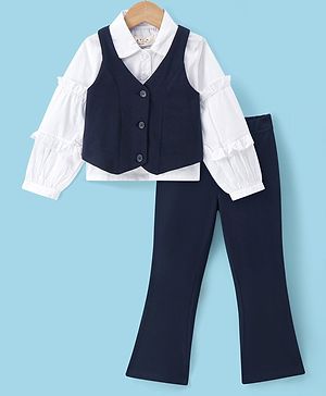 Arias Cotton Poplin Full Sleeves Frilled Top & Flared Pant Set with  Waistcoat - Navy & White