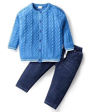 Babyhug Knitted Full Sleeves Smartfit Solid Cable Knit Design Front Open Sweater Set With Denim Pant - Blue