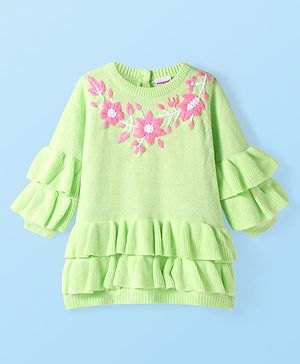 Babyhug Knitted Full Sleeves A Line Dress with Floral Embroidery & Frill Detailing - Light Green