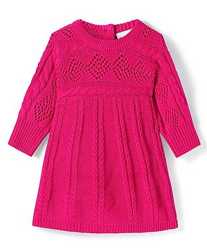 Babyhug Knitted Full Sleeves Solid Colour Woollen Dress With Cable Knit Design - Dark Pink