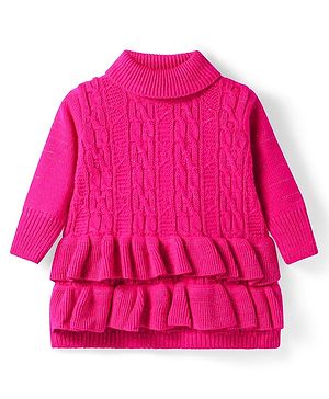 Babyhug Knitted Full Sleeves Turtle Neck Pullover Sweater with Cable Knit Design & Frill Detailing - Dark Pink