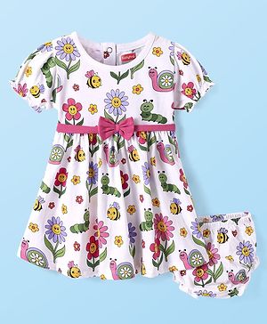 Babyhug Single Jersey Knit Puffed Sleeves Frock & Bloomer with Floral  Print & Bow Applique - White