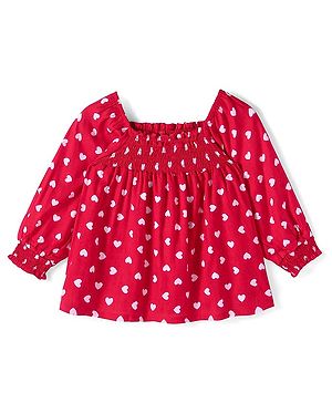 Babyhug Woven Full Puffed Sleeves Top With Heart Print - Red