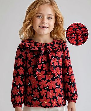 Babyhug Rayon Woven Full Peasant Sleeves Peter Pan Collared Floral Print Top - Red & Black