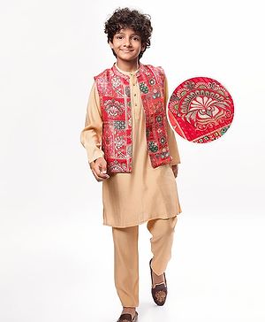 Pine Kids Woven  Full Sleeves Kurta Pyjama Set with Floral Foil Printed  Jacket - Red