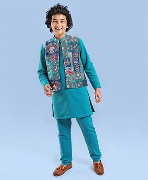 Pine Kids Woven Full Sleeves Solid Kurta Pyjama Set with Floral Embroidered Jacket - Teal Blue