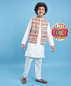 Pine Kids Woven Full Sleeves Kurta Pyjama Set with Sequin Embroidered Jacket - White