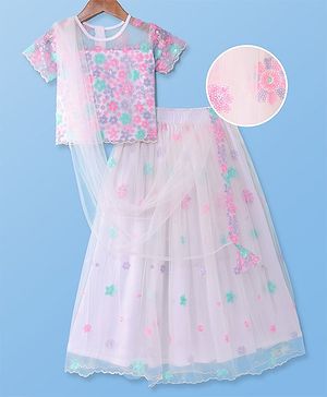 Pine Kids Woven Half sleeves Sequinned Floral Embroidered Choli Lahenga Set With Dupatta - Baby Pink