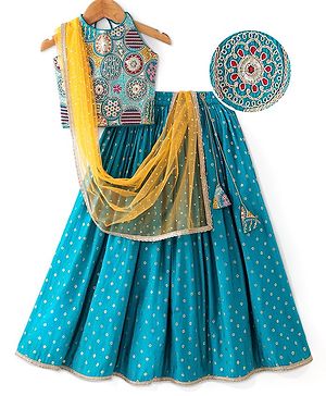 Pine Kids Woven Sleeveless Halter Neck Floral Embroidered Choli Lahenga Set with Dupatta- Teal Blue