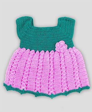 Knitting by Love Handmade Sleeveless Colour Blocked & Floral Applique Embroidered Woolen Dress - Pink & Green