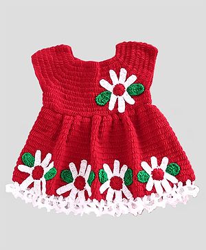 Knitting by Love Handmade Sleeveless Floral Embroidered Dress - Red