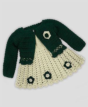 Knitting by Love Handmade Floral Embroidered Dress With Full Sleeves Shrug - Green & Grey