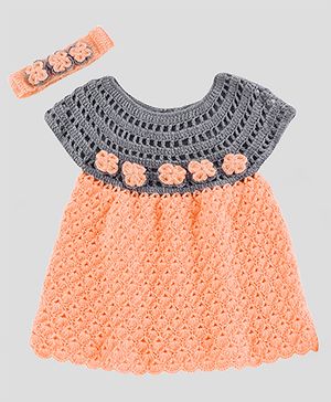 Knitting by Love Handmade Sleeveless Floral Applique Embroidered & Colour Blocked Dress - Orange & Grey