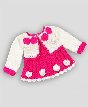 Knitting by Love Handmade Floral Applique Embroidered Dress With Full Sleeves Shrug - Pink & White