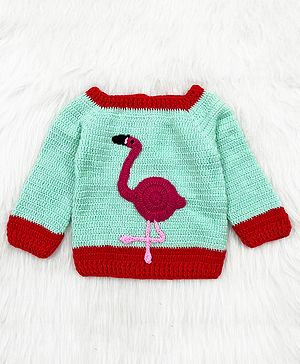 Knitting by Love Handmade Full Sleeves Flamingo Embroidered Sweater - Light Green