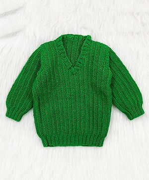 Knitting by Love Handmade Full Puffed Sleeves Solid Sweater - Green