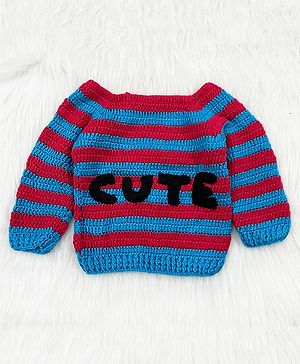 Knitting by Love Handmade Full Sleeves Striped & Cute Text Embroidered Sweater - Red & Blue