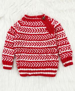 Knitting by Love Handmade Full Sleeves Abstract Designed Sweater - Red & White