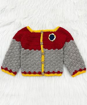 Knitting by Love Handmade Full Sleeves Colour Blocked & Floral Applique Embroidered Sweater - Red & Grey