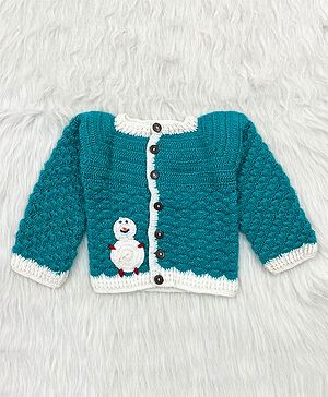 Knitting by Love Full Sleeves Snowman Designed Hand Made Sweater - Green