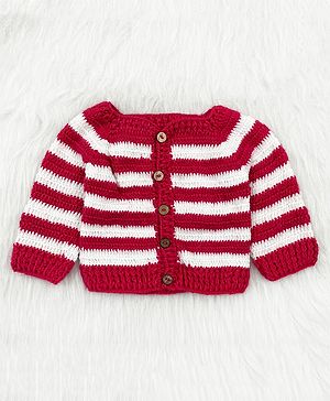 Knitting by Love Full Sleeves Striped Hand Made Sweater - Red & White