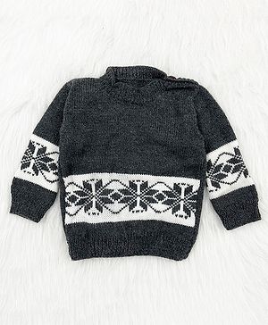 Knitting by Love Full Sleeves Floral Designed Hand Made Sweater - Grey