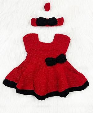 Knitting by Love Sleeveless Bow Applique Detailed Handmade Sweater Dress With Cordinating Hairband & Hair Rubber - Red