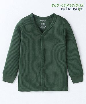 Babyoye Cotton Modal Blend Knit Full Sleeves Front Open Solid Colour Thermal Vest - Dark Green