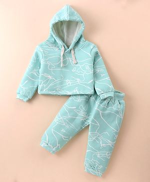 Ollypop Fleece Knit Full Sleeves Printed Hooded Winter Wear Co-Ord Set - Sea Green